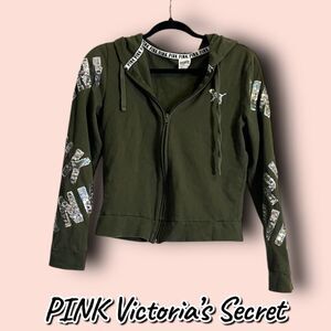 PINK Victoria’s Secret Sequin Logo Full-Zip Hoodie – XS – Olive Green